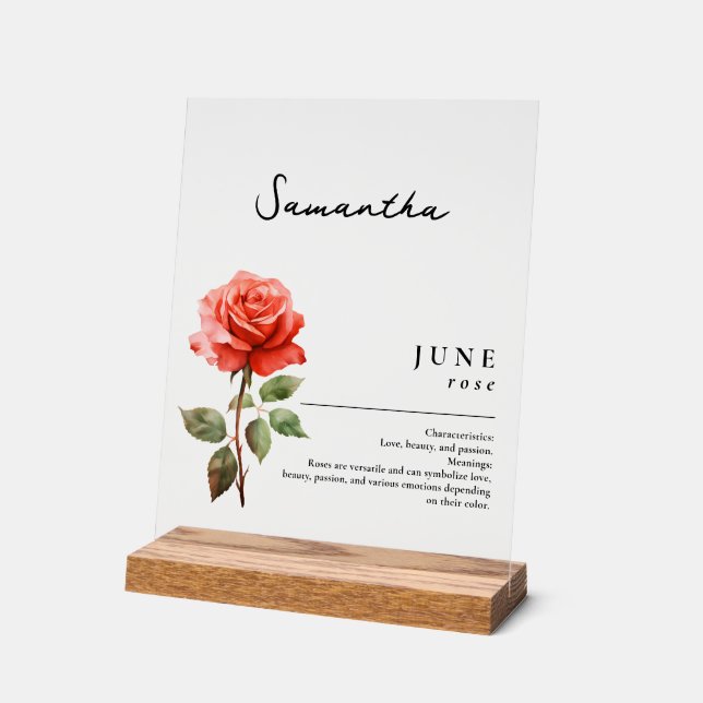 June Birth Month Flower Rose Personalised Acrylic Sign (Angle)
