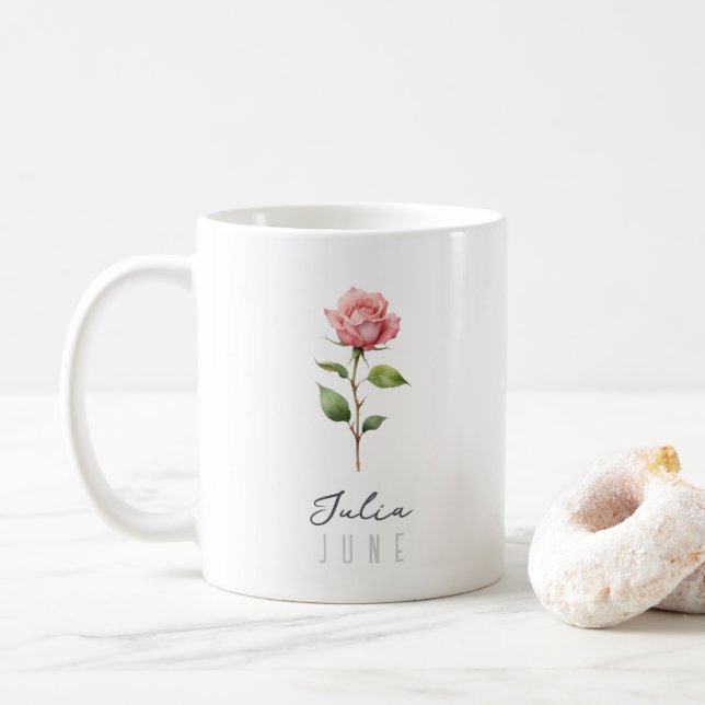 June Birth Month Flower w/Name – Rose Coffee Mug (With Donut)