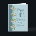 June Birthday Card, Girlfriend: Dogroses on Blue Card<br><div class="desc">A pretty June Birthday Card for a Friend,  with a border of pink Dogroses on a two-tone blue background; part of the Posh & Painterly "Rosy Posy" collection.</div>
