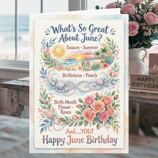 June Birthday Card Roses Pearls Coastal Summer