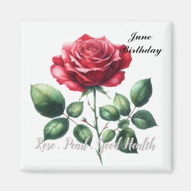 June Birthstone Pearl and Red Rose  Magnet (Front)