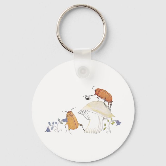 June Bugs, Mushroom and Blue Flowers Key Ring (Front)