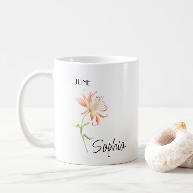 June Flower Personalised, Coffee Mug (With Donut)