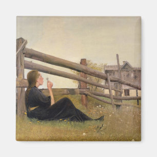 June. Girl Blowing Dandelion Seeds, 1899 Magnet