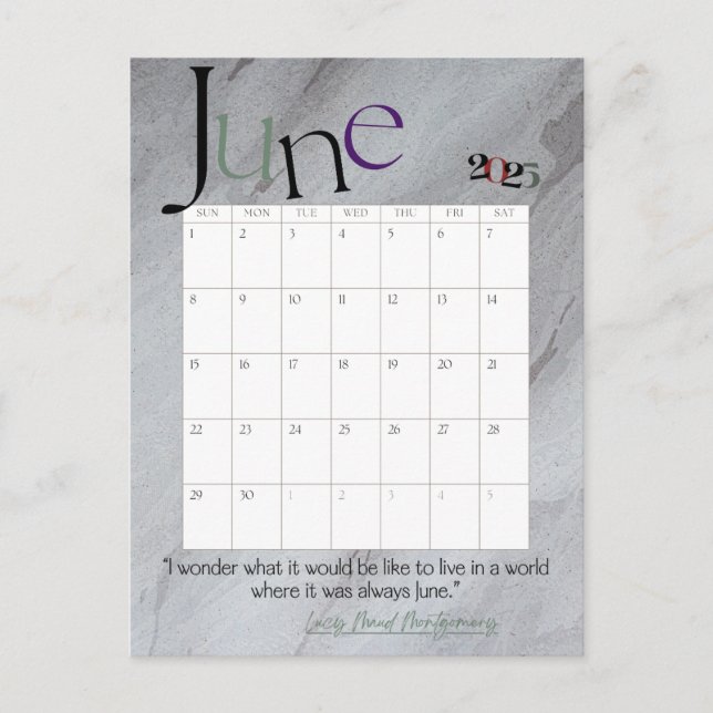 June Grey Modern Monthly Calendar 2025 Postcard (Front)
