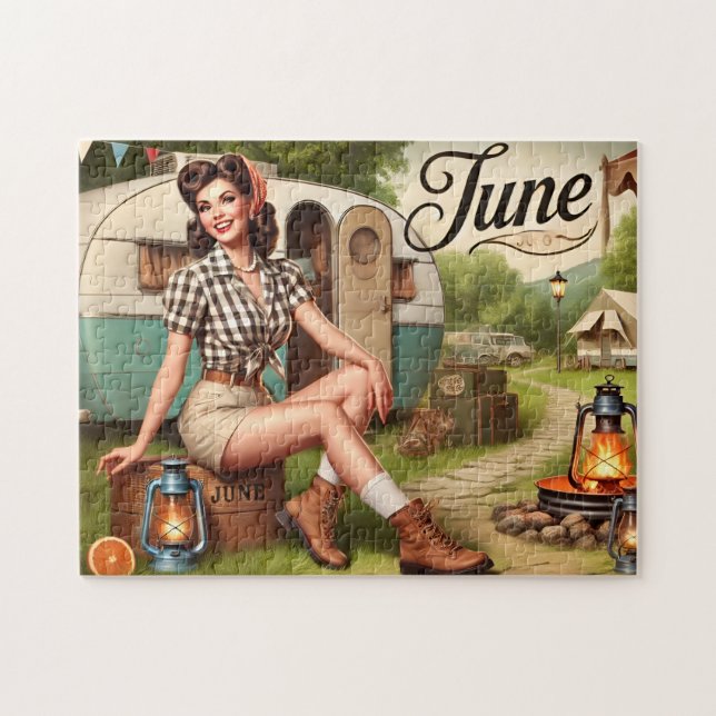 June Retro Summer Camping Pin-Up Girl  Jigsaw Puzzle (Horizontal)