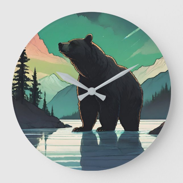 Juneau Alaska grizzly bear aurora northern lights  Large Clock (Front)