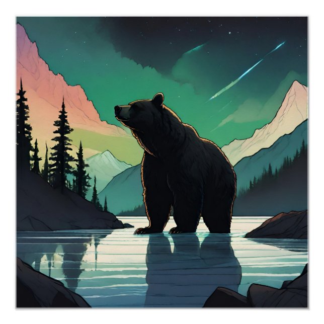 Juneau Alaska grizzly bear aurora northern lights  Poster (Front)