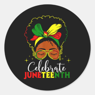 Juneteenth pride black african women messy bun eye classic round sticker