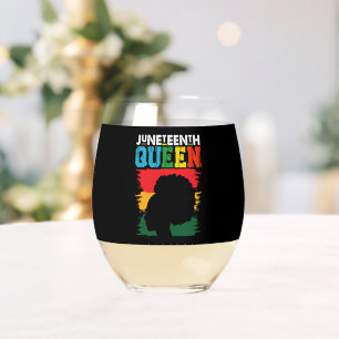 Juneteenth Queen Black Afro Melanin Girl  Stemless Wine Glass