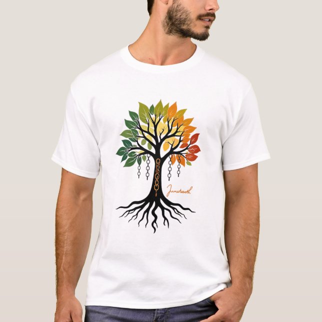 ๋Juneteenth tree and chains. T-Shirt (Front)