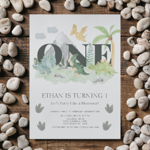 Jungle 1st Birthday Watercolor Dinosaur Party      Invitation