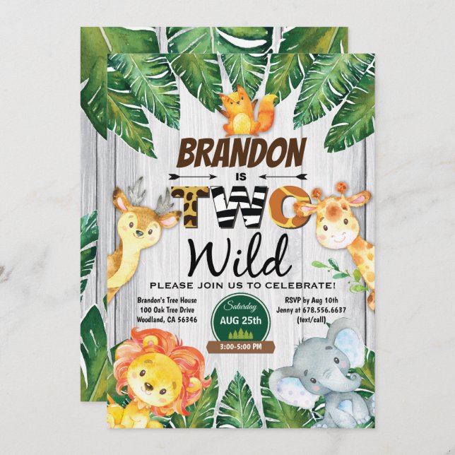 Jungle 2nd birthday invitation. Boy safari zoo two Invitation (Front/Back)