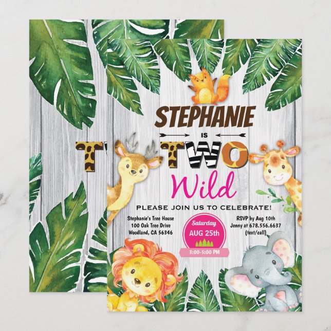 Jungle 2nd birthday invitation Girl safari zoo two (Front/Back)