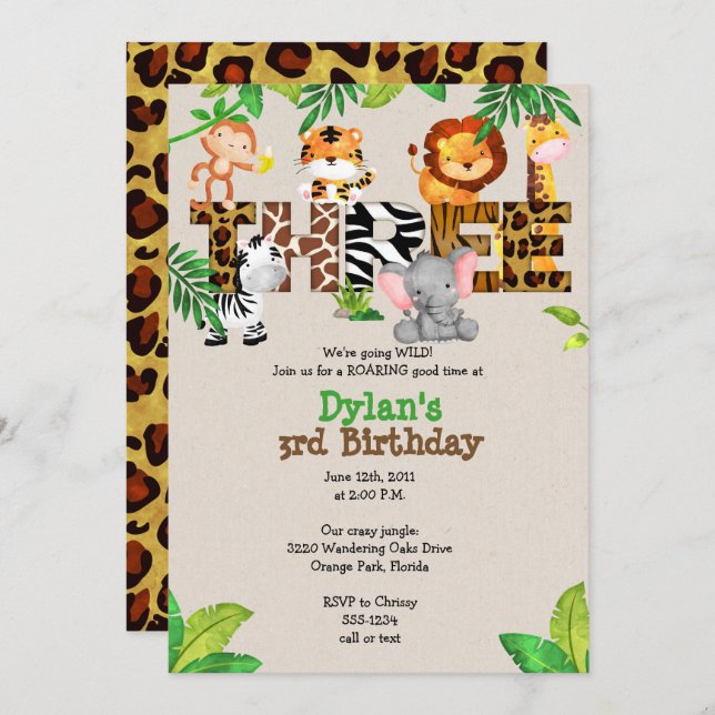 Jungle 3rd Birthday Party Invitations (Front/Back)