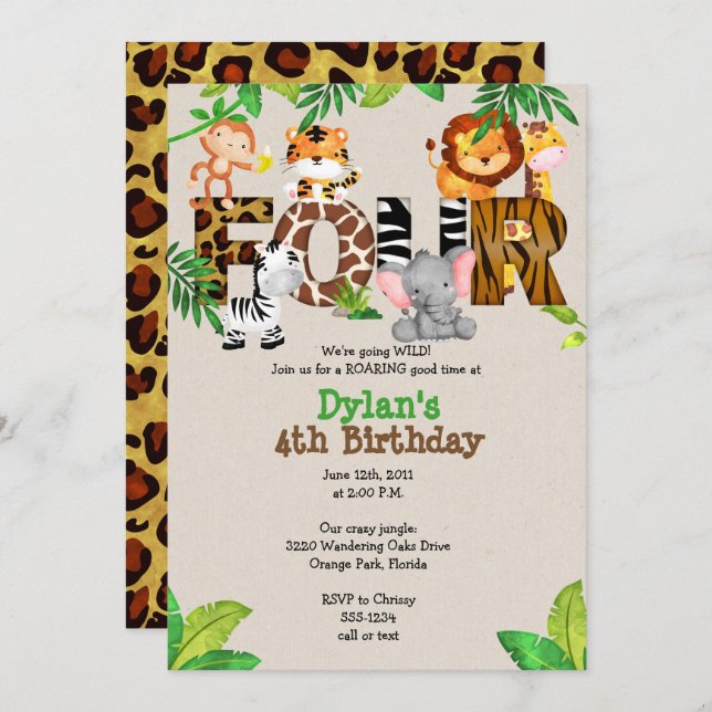 Jungle 4th Birthday Party Invitations (Front/Back)