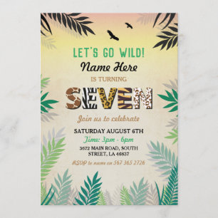 Jungle 7th Birthday Seven Party Safari ZOO Wild Invitation