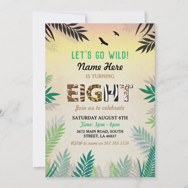 Jungle 8th Birthday Eight Party Safari ZOO Wild Invitation (Front)