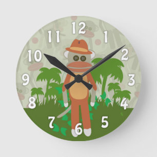 Jungle Adventure Explorer Sock Monkey Round Clock