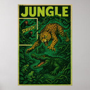 Jungle Ambush – Jaguar vs Alligator Retro Comic Poster