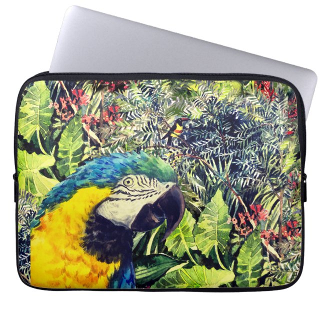 Jungle and a blue yellow macaw laptop sleeve (Front)