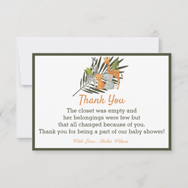 Jungle Animal Baby shower Party Thank You Card (Front)