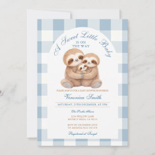 Jungle Animal Blue Gingham Sloth Couples Shower Invitation