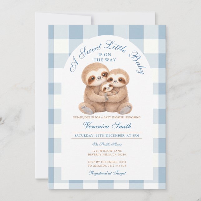 Jungle Animal Blue Gingham Sloth Couples Shower Invitation (Front)