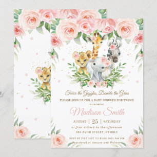 Jungle Animal Blush Pink Floral Twins Baby Shower Invitation