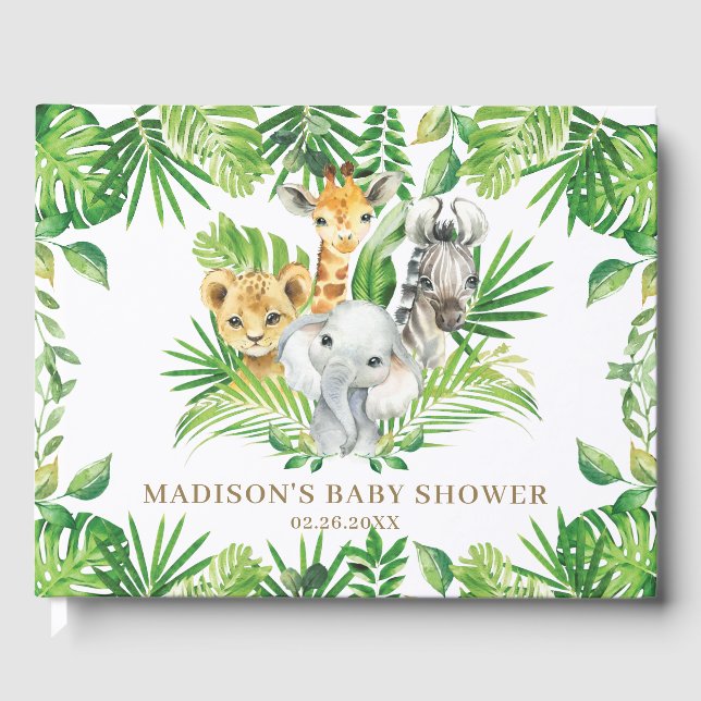 Jungle Animal Chic Tropical Greenery Baby Shower  Guest Book (Front)