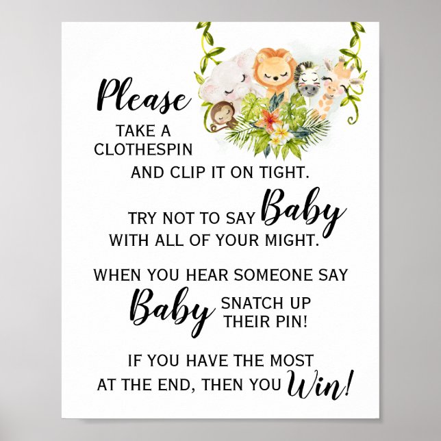 Jungle Animal Don't Say Baby Game Baby Shower Sign (Front)