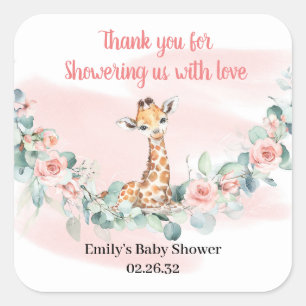 Jungle animal giraffe eucalyptus pink flowers baby square sticker