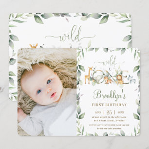 Jungle Animal Greenery 1st Birthday Boy Girl Photo Invitation