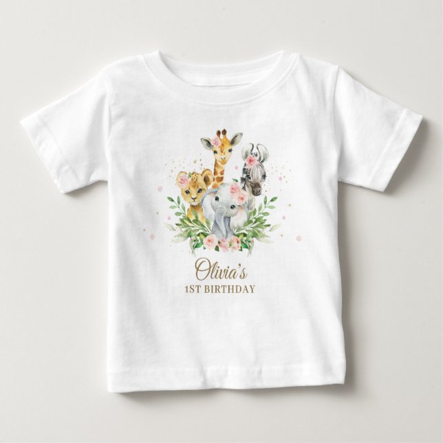 Jungle Animal Pink Floral Girl 1st Birthday Outfit Baby T-Shirt (Front)