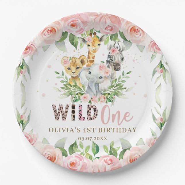 Jungle Animal Pink Floral Wild One 1st Birthday  Paper Plate (Front)