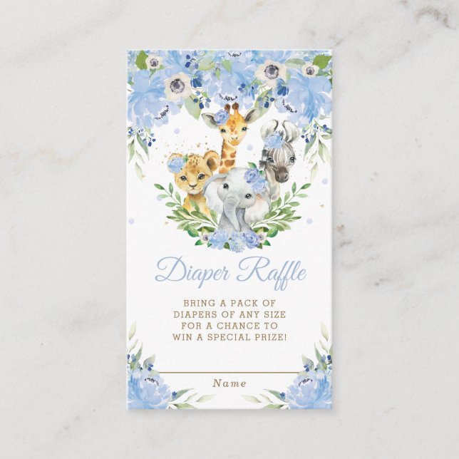 Jungle Animal Safari Blue Floral Diaper Raffle  Enclosure Card (Front)