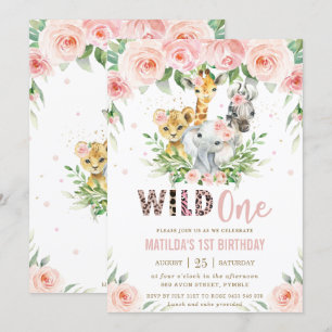 Jungle Animal Safari Blush Floral 1st Birthday Invitation