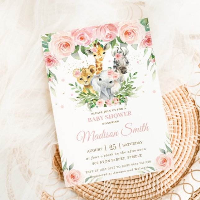 Jungle Animal Safari Pink Blush Floral Baby Shower Invitation (Creator Uploaded)