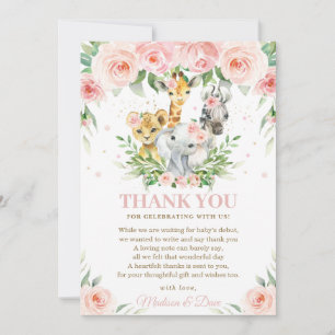 Jungle Animal Safari Pink Blush Floral Baby Shower Thank You Card