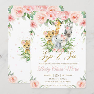 Jungle Animal Safari Pink Blush Floral Sip and See Invitation