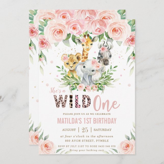 Jungle Animal Safari Pink Floral 1st Birthday  Invitation (Front/Back)