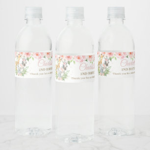Jungle Animal Safari Pink Floral Girl Birthday  Water Bottle Label