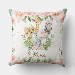 Jungle Animal Safari Pink Floral Girl Nursery Room Cushion