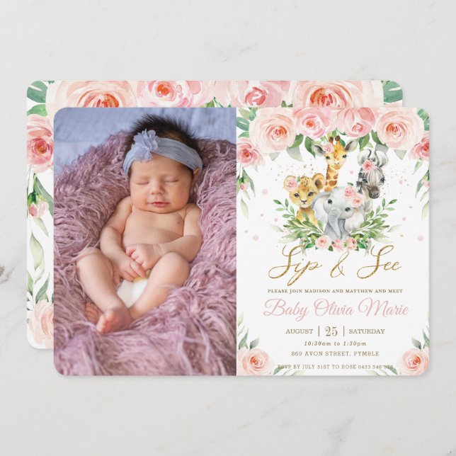 Jungle Animal Safari Pink Floral Sip and See Photo Invitation (Front/Back)