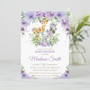 Jungle Animal Safari Purple Floral Baby Shower  In Invitation