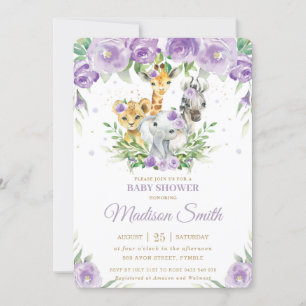 Jungle Animal Safari Purple Floral Baby Shower Invitation