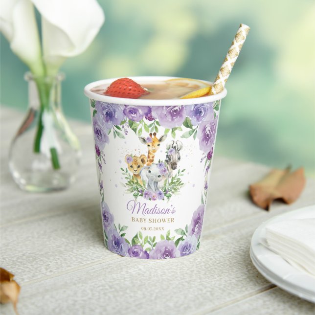 Jungle Animal Safari Purple Floral Baby Shower Paper Cups (Insitu)