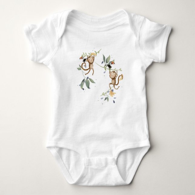 Jungle animal theme, monkey and toucan baby bodysuit (Front)