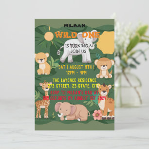 Jungle Animal Wild One boy 1st Birthday Invitation