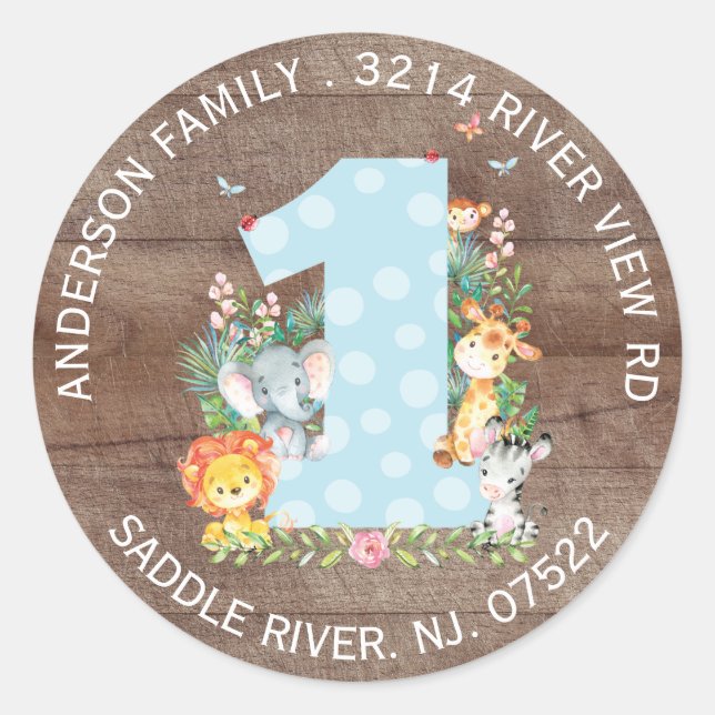 Jungle Animals 1st  Birthday Address Label Sticker (Front)